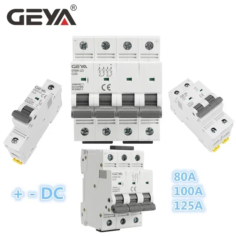 Mini disyuntor GEYA GYM9-125 DC MCB, 1P, 2P, 3P, 4P, 250V, 500V, 750V1000VDC, 80A, 100A, 125A, 6KA