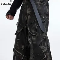 Retro Distressed Deconstruct Micro Flare Leather Pants Men's Heavyweight Segmentation Design Casual Leather Trouser 5