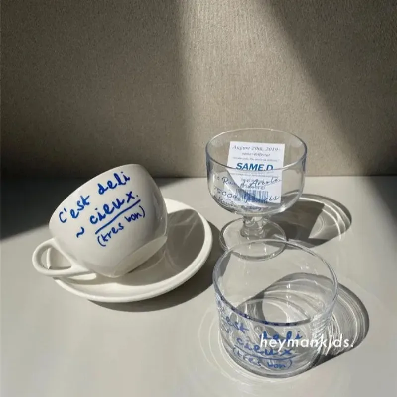 Coreano Ins Blue Letter Ceramic Mug Plate Set French Romantic Milk Cup Office Tazze Da Caffè Squisito Regalo Di Compleanno 200Ml
