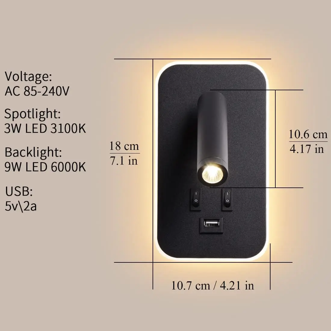 AC85-265V 침대 옆 벽 램프, USB 충전 포트, 10W + 3W, 조절식 모던 벽 스콘스 스포트라이트, 침실 거실 장식