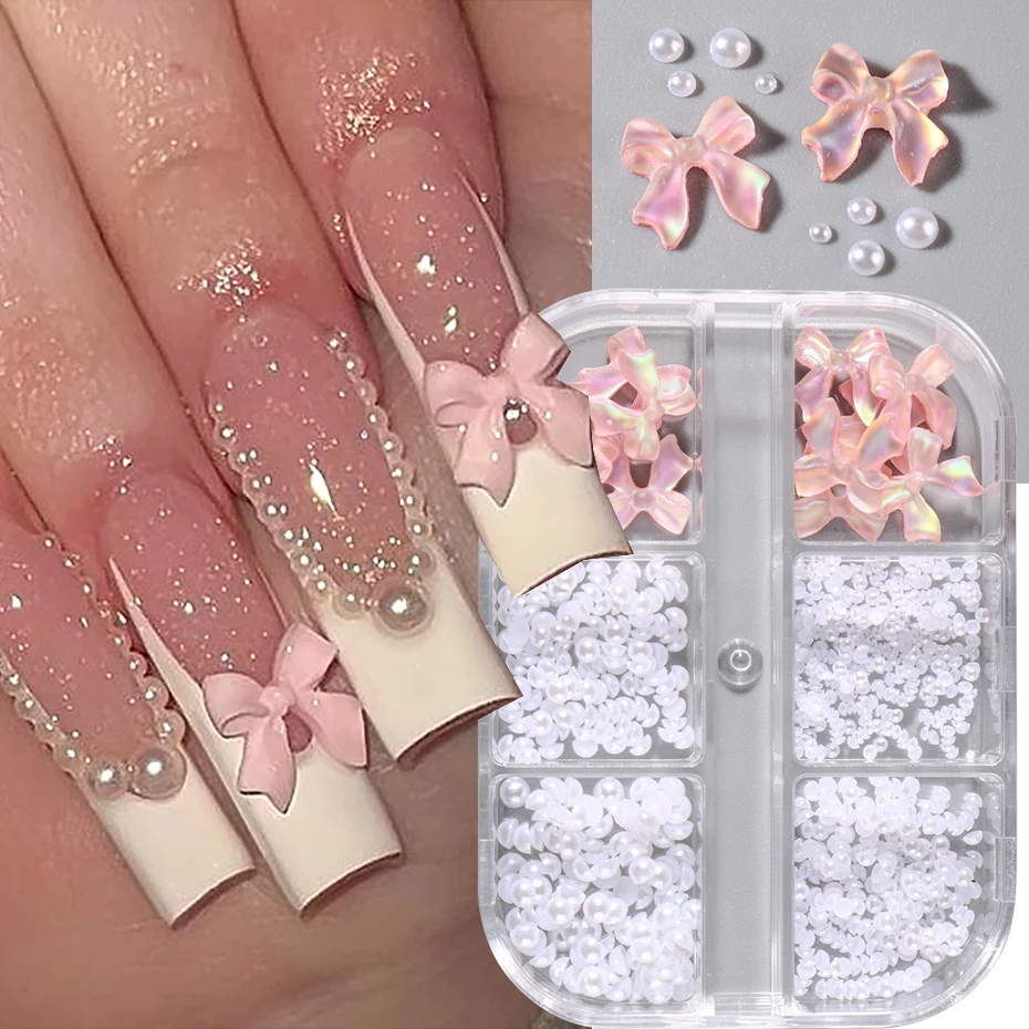 6Grids Ribbon Bow 3D Nail Art Decorations Resin Charms Butterfly Acrylic Flower Pearl Mixed Rhinestones Accessories Manicure