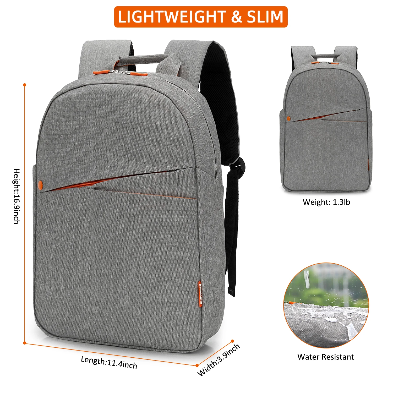 KINGSLONG 2024 Classic Travel Business Backpack Fashion Grey Waterproof Laptop Computer School Backpack Large 16.9 Inches