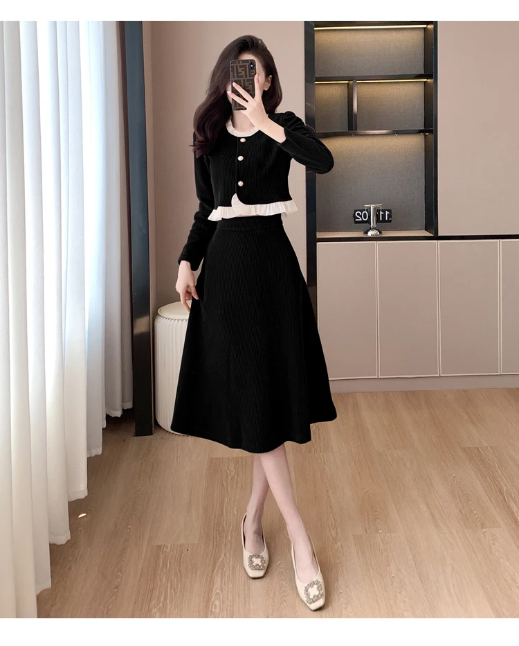 Autumn Winter Corduroy Two-piece Skirt Set Women Long Sleeve Ruffles O-neck Top Solid Midi Skirt Korean Fashion Outfits New