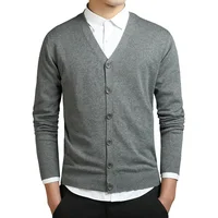 New 100% Cotton Sweater Men Long Sleeve Cardigan Mens V-Neck Sweaters Loose Solid Button Fit Knitting Casual Style Clothing 1