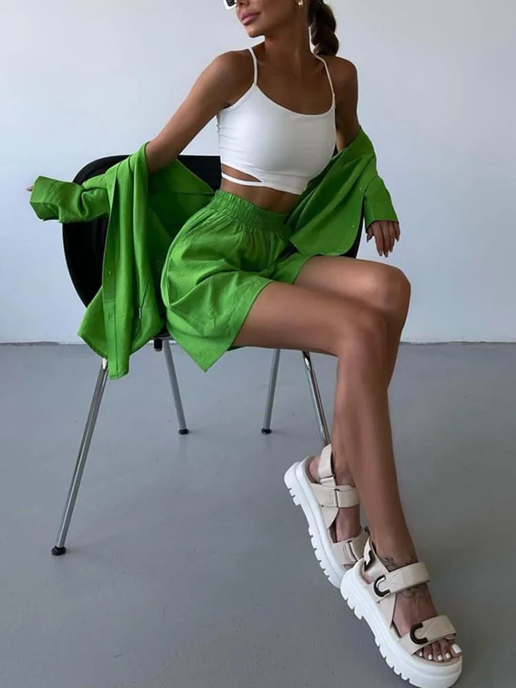 Sommer frauen Anzug Hemd und Kurze Sets Einfarbig Casual Baumwolle und Leinen Bluse und Shorts Zwei Stück Sets frauen Outfit 2023