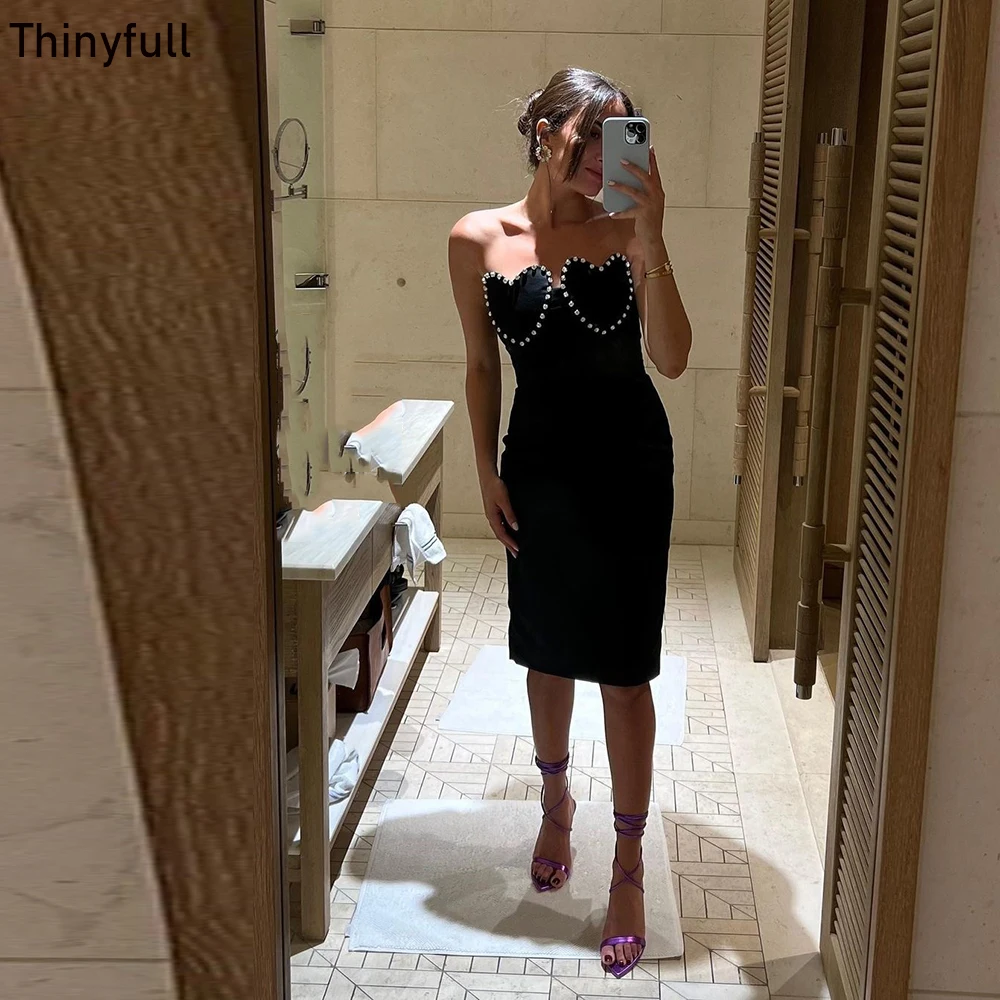 

Thinyfull Mermaid Black Prom Dress Sleeveless Shiny Evening Party Dress Satin Knee-Length Formal Event Gown Vestidos De Noche