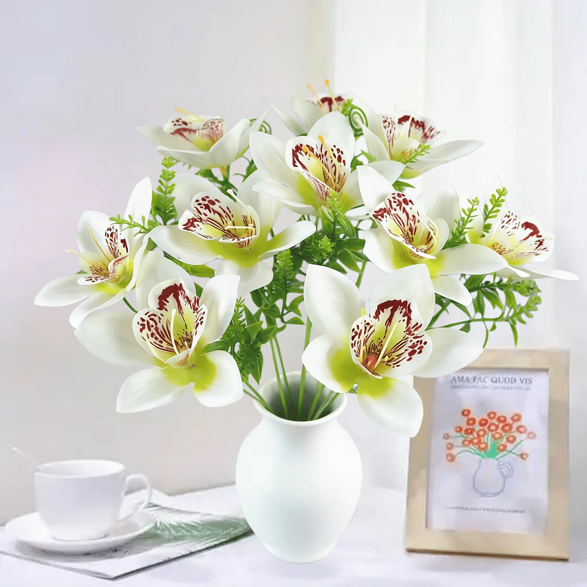 5 Stück Orchideen-Kunstblumen-Bouquet, 35 cm, künstliche Blumen für Heimdekoration, Hochzeitsdekorationen, DIY-Vasenornamente, Zubehör – Detail 6
