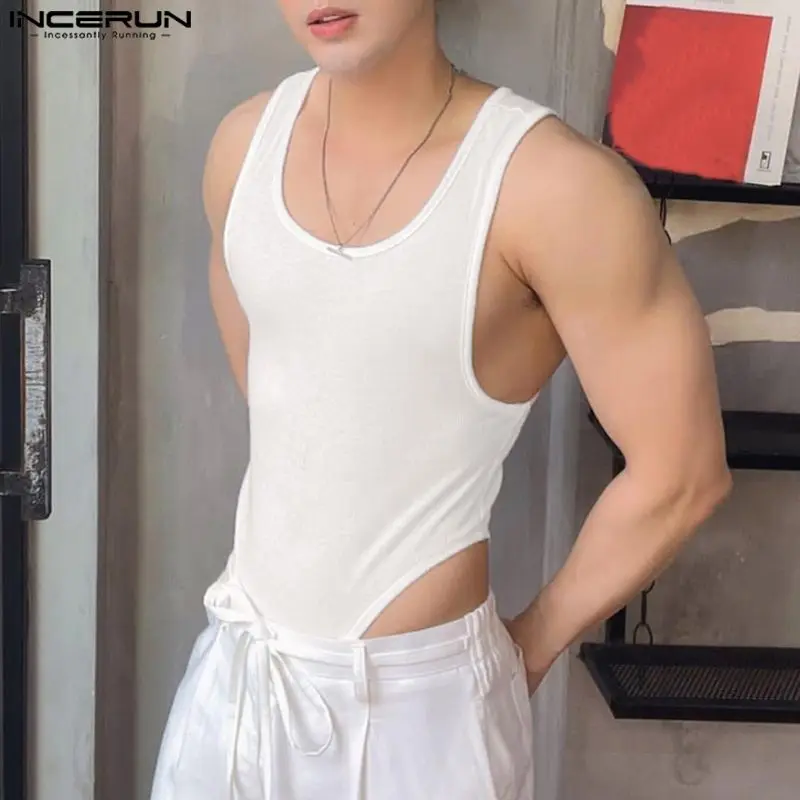 Men Bodysuits Pajamas Solid Color O-neck Sleeveless Sexy Fitness Rompers Streetwewar Tank Tops S-5XL