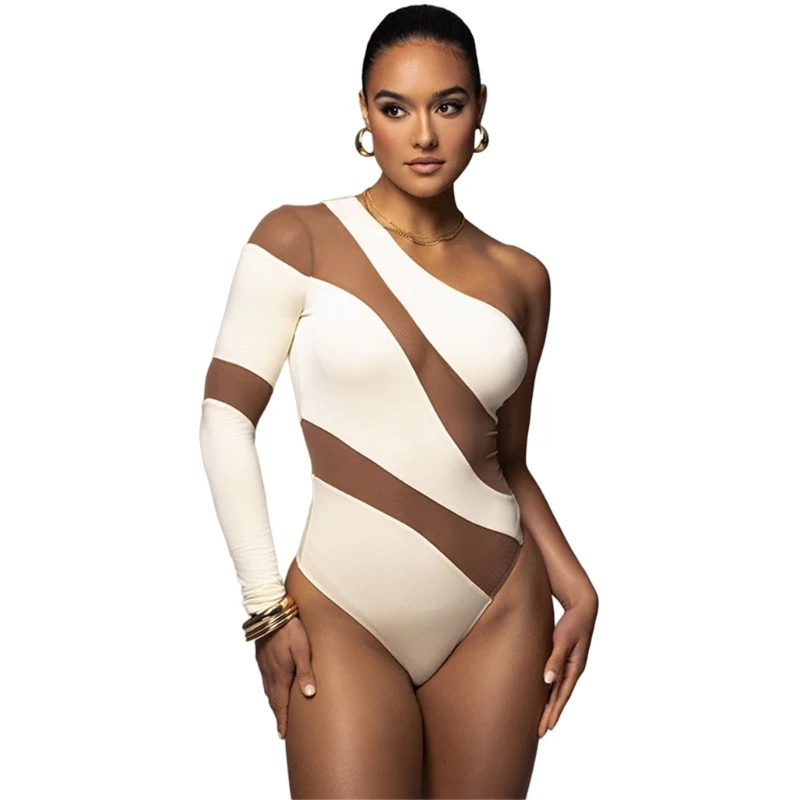 

Sexy Appeal Sheer Mesh Bodysuit Stretchy Long Sleeve Cutout Romper for Parties and Clubs