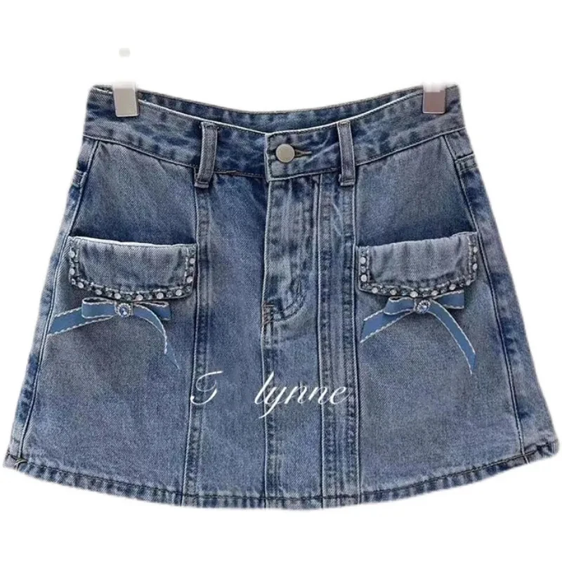 

Casual Heavy Industry Dingzhu Bowtie Denim Skirts for Women 2024 Spring Summer New High Waist Slimming A-line Short Jeans Skirt