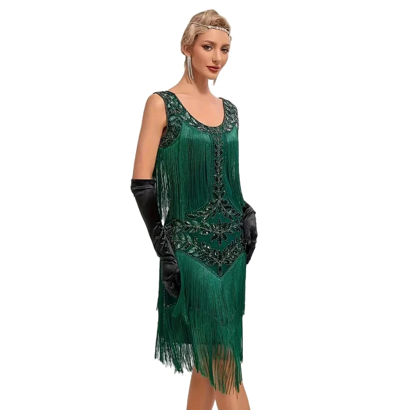 1920s Sleeveless Flapper Dresses Scoop Neck Great Gatsby Dresses Fringed Sequin Roaring 20s Dress Cocktail Party Costume 3
