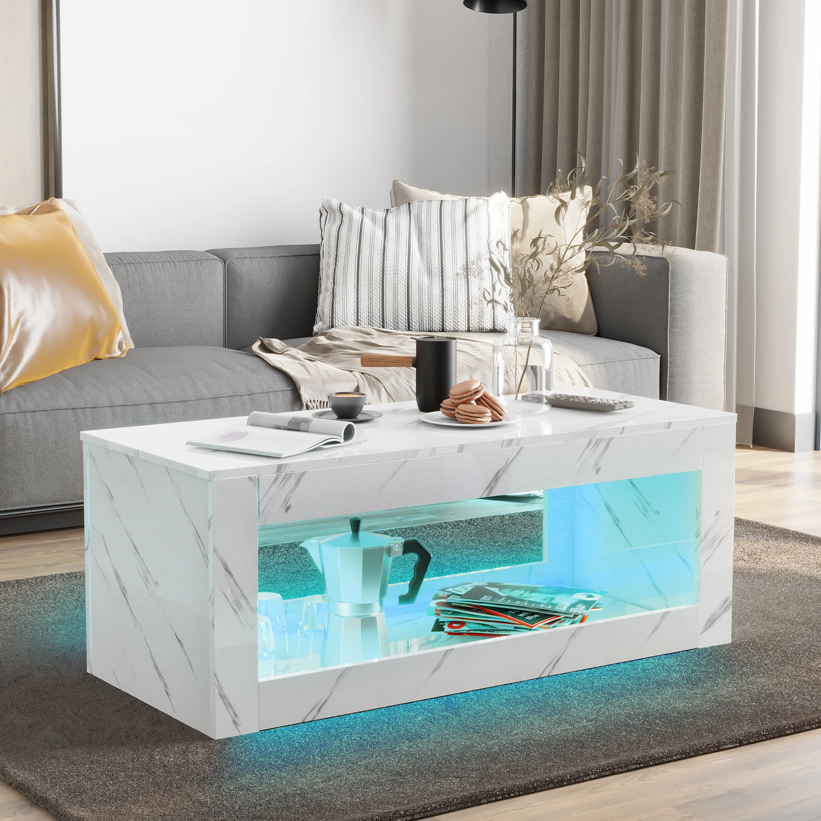 47.2inch LED Coffee Table with Large Open Storage, Modern High Gloss Coffee Table with 16 Colors LED Lights, White/Black