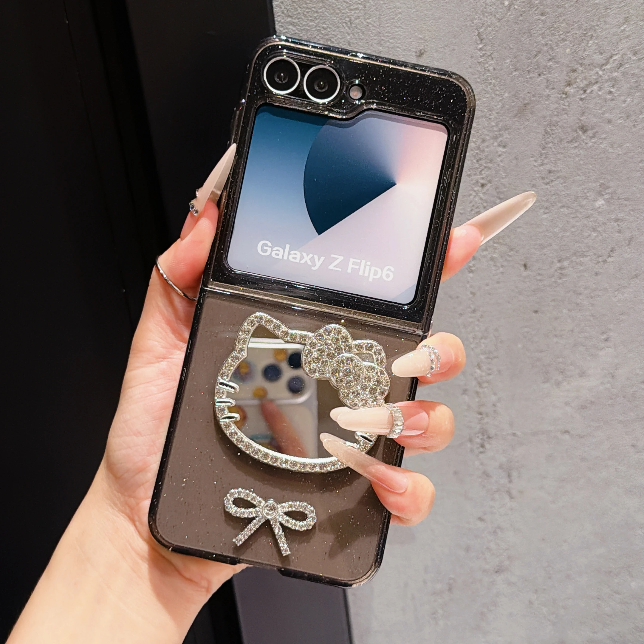 Glitter Diamond Bow Mirror Shockproof Phone Case with Full Hinge Protection and Girly Chic Design