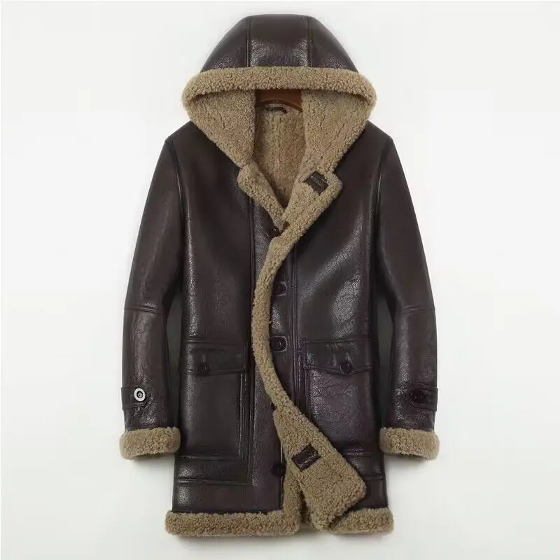 Gentleman 2023 Genuine Sheepskin Shearling Fur Coat with a Hood Male Winter Warm Thick Long Jacket Wool Liner Brown 4XL 5XL 6XL