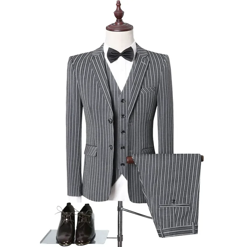 

Luxury Private Custom Italian Style Stripes Slim Fit Casual Business Suit 3-piece Men Banquet Evening Dress Wedding Groom Dress