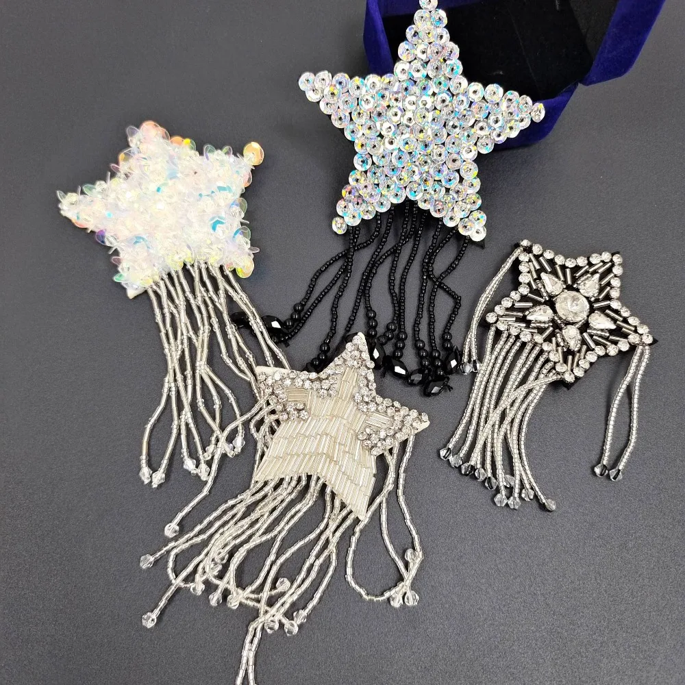 

Handmade Rhinestone Beaded Sequin Pentagram Tassels Patches Sew on Patch for Clothing DIY Applique Decorative Clothes Stickers