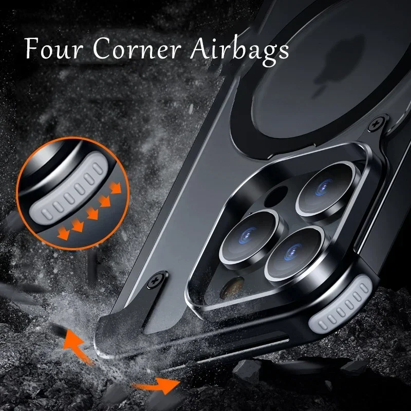 For iPhone 15 14 Pro Max Phone Case Magnetic Metal Stand Rimless Aluminum Alloy Phone Shell Frosted Matte Back Cover