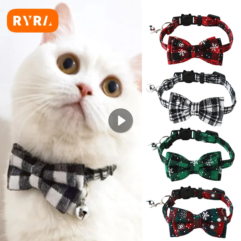

Bowknot Breakaway Cat Kitten Collar Bow Tie Adjustable Dog Collar with Bell Plaid Safety Buckle Christmas Pet Collar Necklace