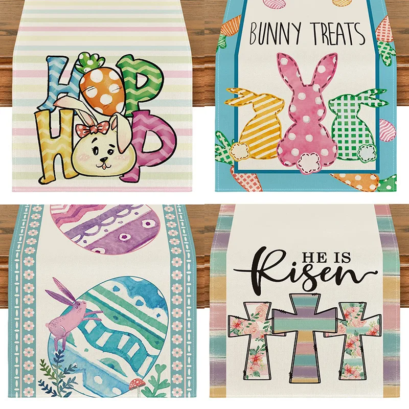 

2024 Easter Rabbit Table Runner Linen Bunny Dining Table Cloth Placemat Spring Holiday Happy Easter Decoration for Home Kitchen