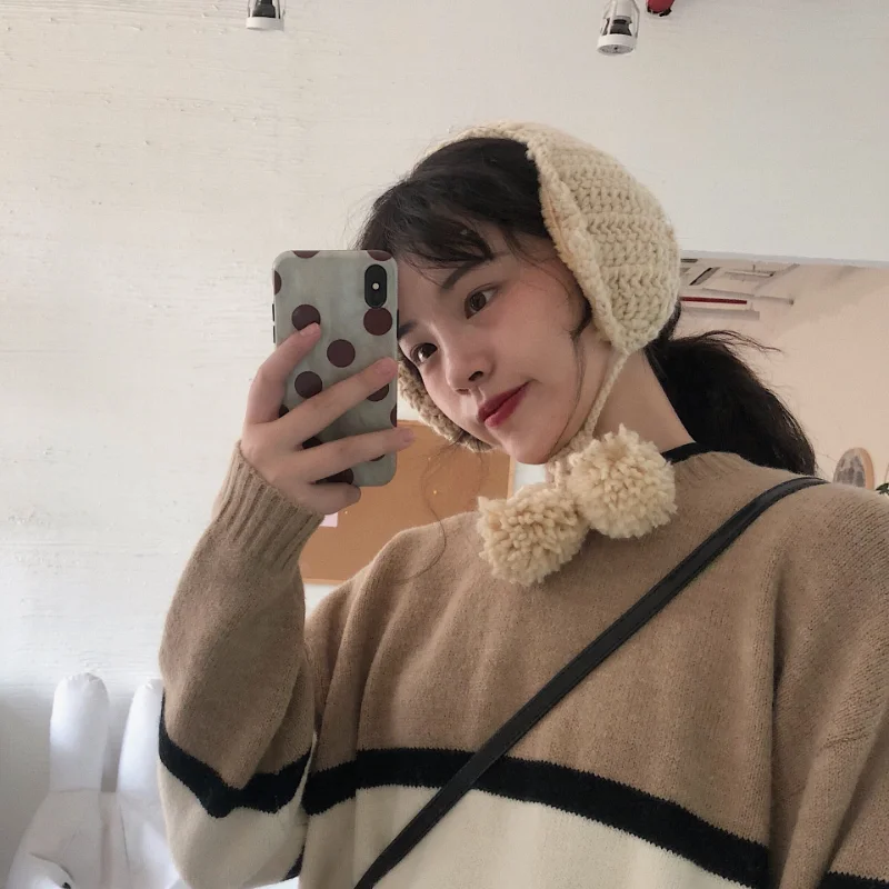 Ins Cute Tide Knitted Ear Bag Soft Sister Strap Ear Muffs Autumn and Winter Protection Warm and Velvet Earmuffs Female Retro