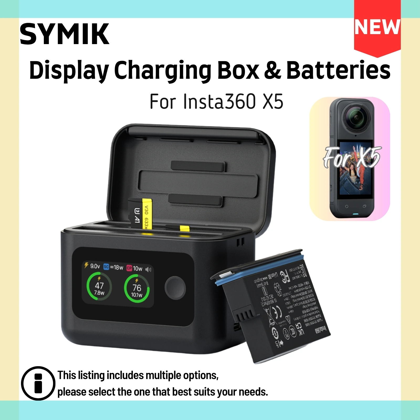Insta360 X5 Battery Charger - 27W Dual Fast Charger With LCD Display, Shows Battery Health & SOC