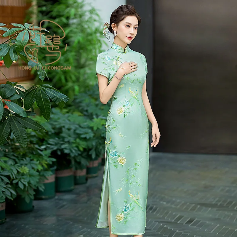 

【HONG LU】New Silk Qipao Cheongsam Hand-stitched Jacquard Technology High-end Slimming Chinese Wedding Dress