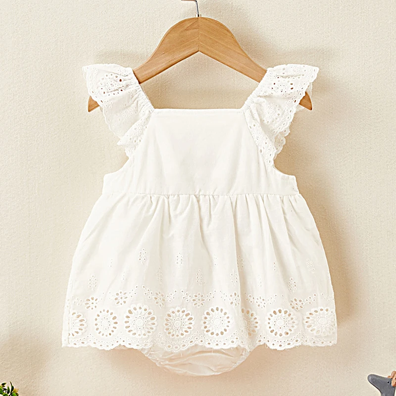 Infant Baby Girls Jumpsuit Flying Sleeve Cotton Solid Color Hollowed