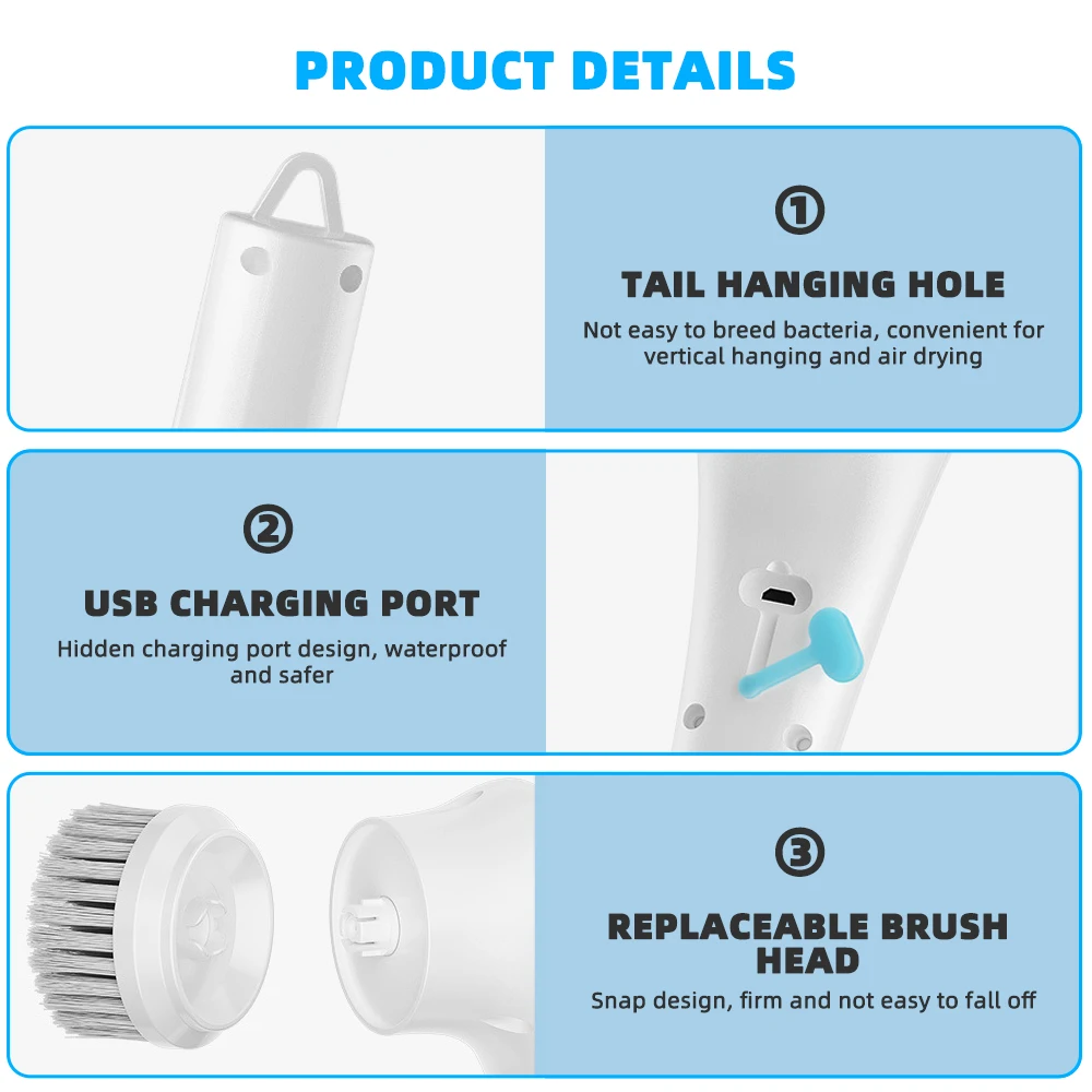 Toilet Brush Set 5-in-1 Multifunctional Electric Cleaning Brush Replace Head USB Kitchen Bathroom Bathtub Tile Sink Dish Toilet Brush