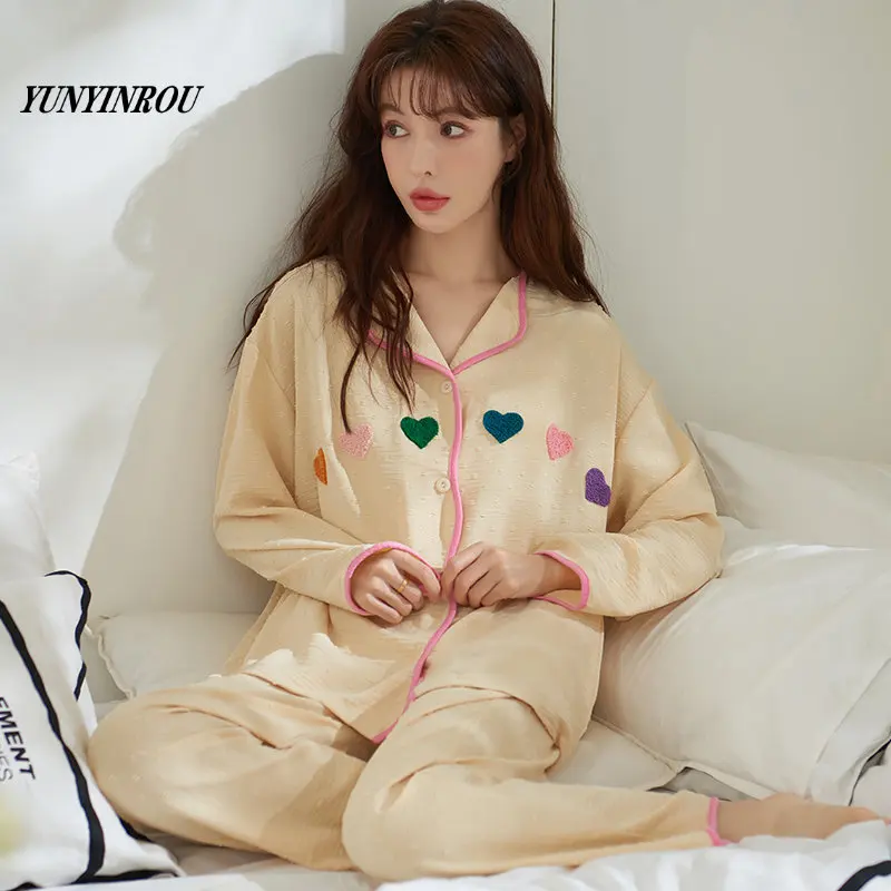 

Spring New Woven Elegant Women's Pajama Sets Girl Pyjamas Lapel Chic Sleepwear Loungewear Pijama Mujer Nightwear Fashion Suits