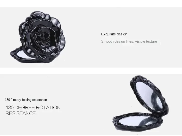 Cosmetic compact mirror showing portable size and flower pattern.