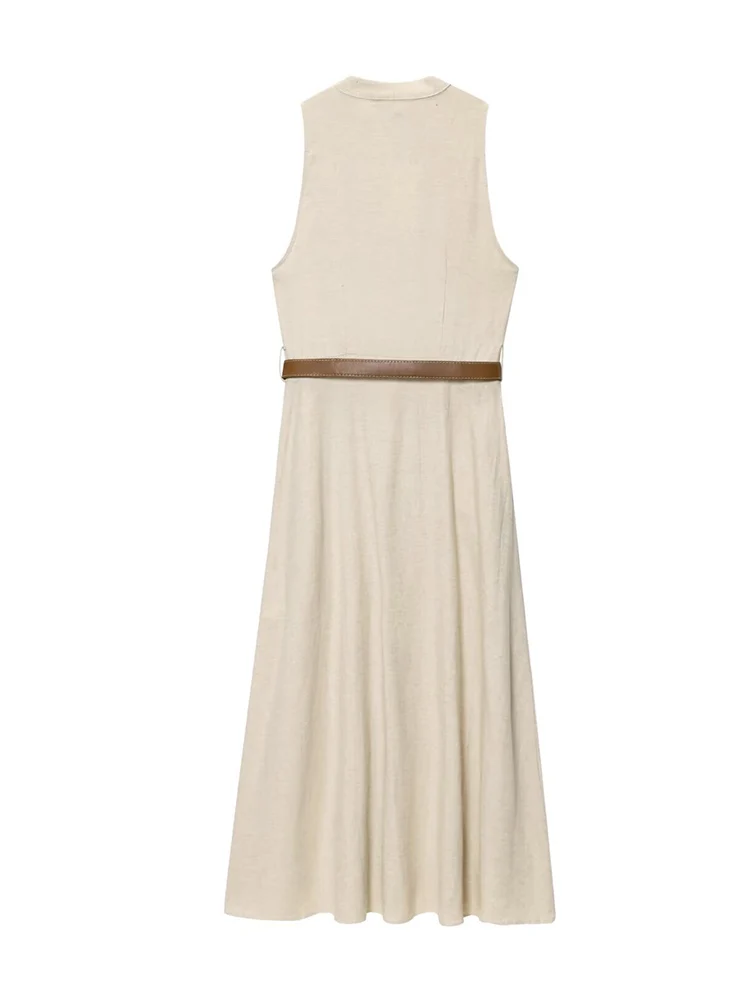 TFMLN Elegant Women's Dresses New 2025 Solid Sleeveless Midi Dress Belt Decoration Casual Fashionable Versatile Summer Outfit