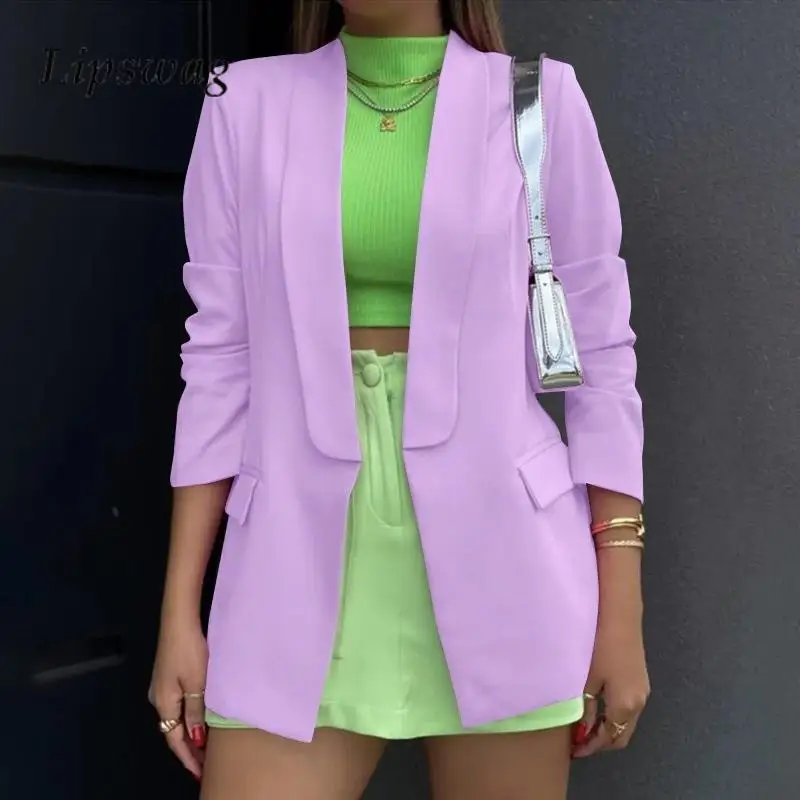 

2024 Fashion Women's Solid Color Blazer Temperament Lapel Long Sleeve Slim Coat Autumn Winter Office Ladies Flip Pocket Cardigan