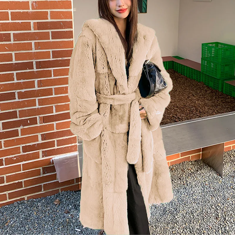 Luxury Brand Winter Long Fur Coat Women Warm Thick Faux Fur Jacket Hooded Chic Long Coat Lace-up Long Sleeve Outerwear New