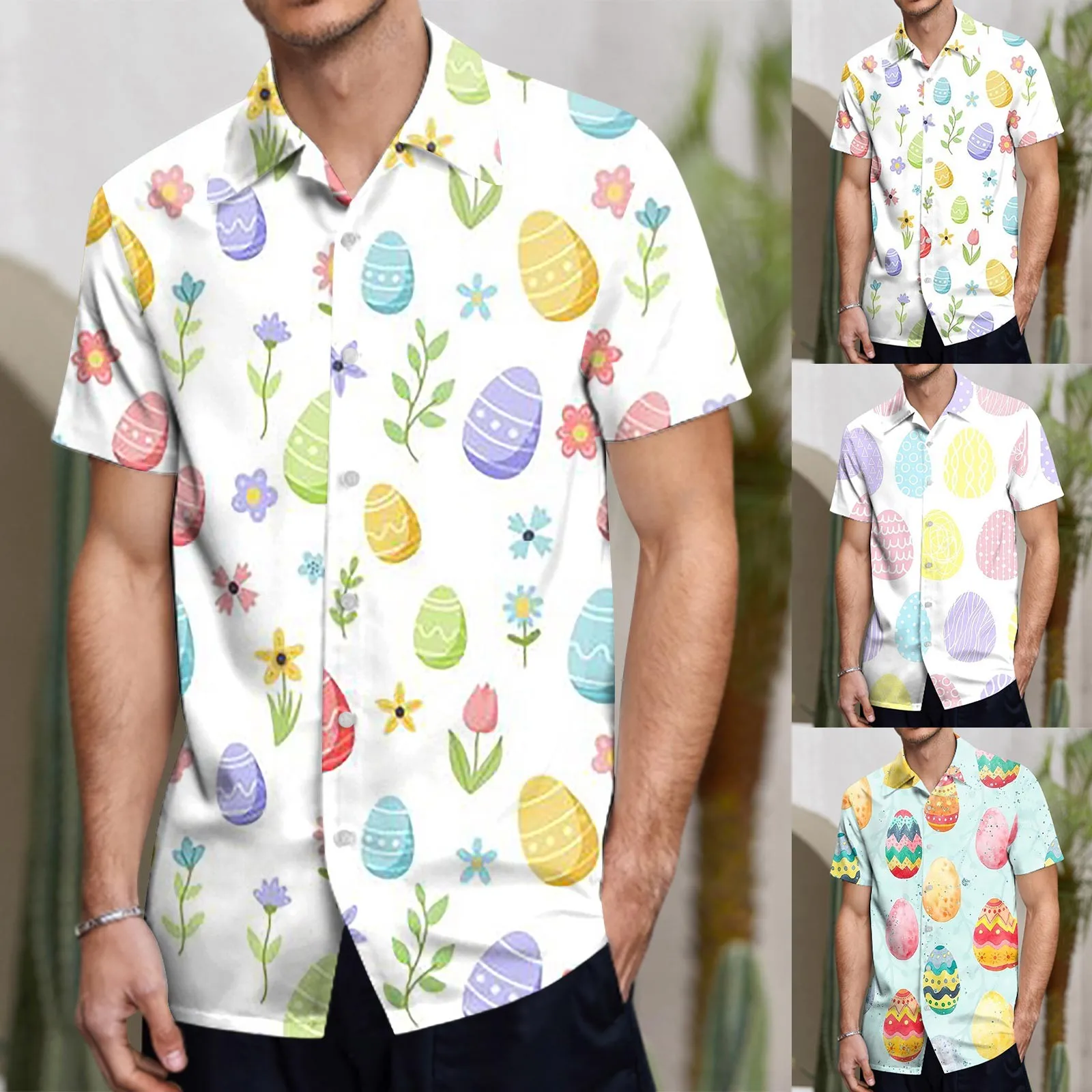 

Mens Fashion Casual Easter 3D Digital Printing Button Lapel Short Sleeve Shirt Print Camisa Social dress shirt Button Retro