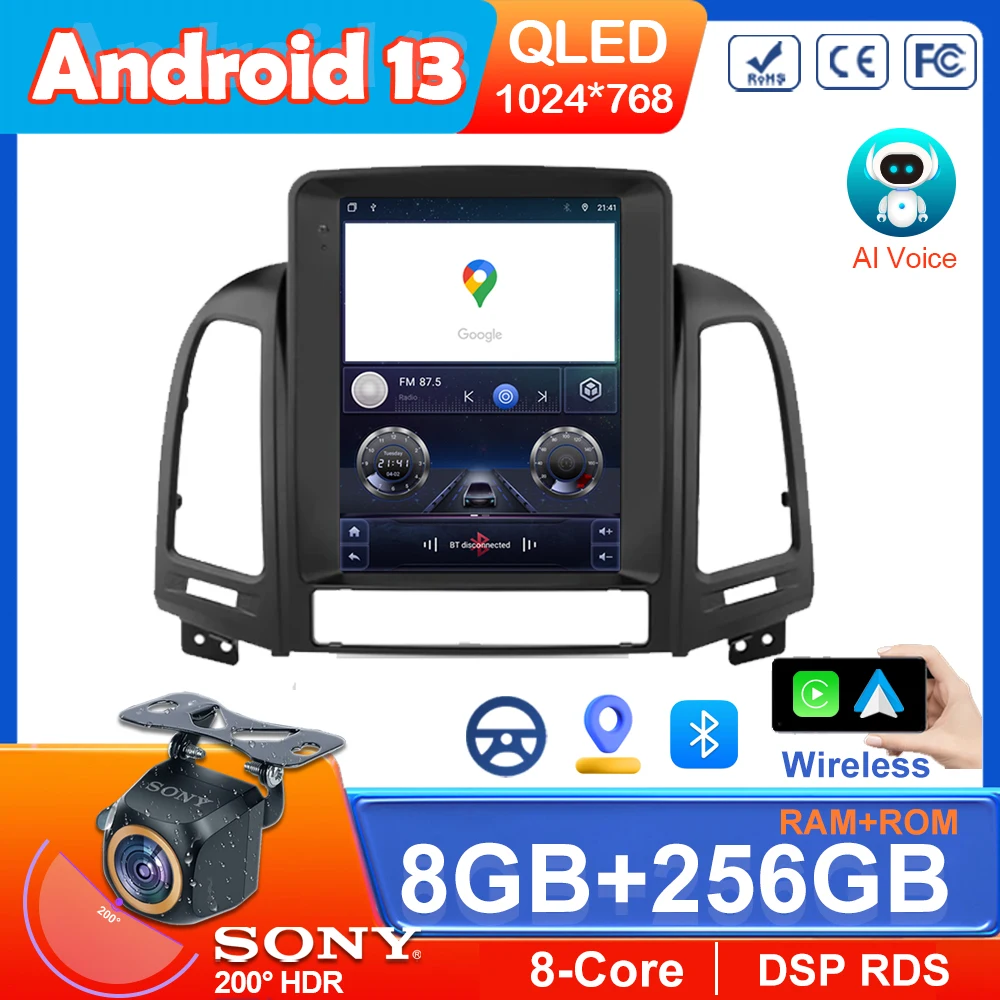 Автомобильная магнитола на Android 13 для Hyundai Santa Fe 2 2006-2012, мультимедийный проигрыватель с видеонаблюдением, стереоколонки для Carplay