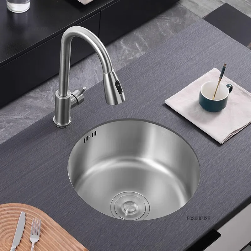304 Stainless Steel Round Kitchen Sinks Mini Single Bowl Dish Washing Sink Bar Sinks Balcony Wash Basin Kitchen Vegetable Sink