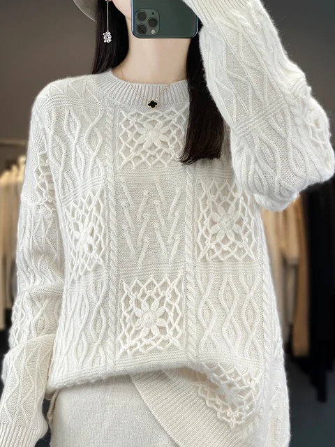 سترة نسائية مفرغة كبيرة الحجم 100% بلوفر من الصوف الأسترالي برقبة دائرية وصل حديثًا ملابس علوية محبوكة للسيدات اتجاهات الموضة 1