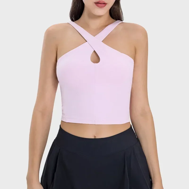 Lemon Tight Fit Cross Strap Tank Top Buttery-soft Four-way Stretch Weightless Strappy Neckline Sports Bra With Removeable Cups