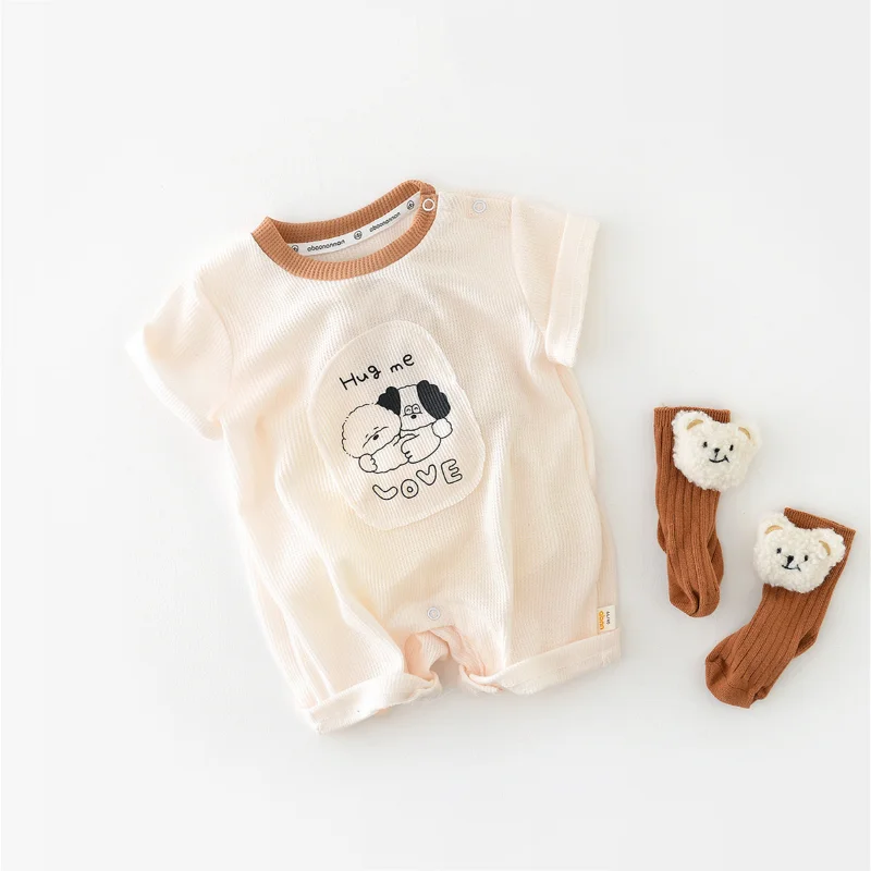 

2023 Summer newborn clothes baby girl rompers Waffle Boys Clothes Cartoon Dog patchwork Jumpsuit