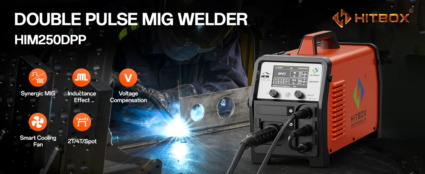 HITBOX HIM250 DPP Aluminium MIG Schweißgerät 7in1 MMA/Gas/Gaslos MIG/Lift WIG LED Bildschirm 110V/220V mit Spulenpistole Punktschweißmaschine – Detail 1
