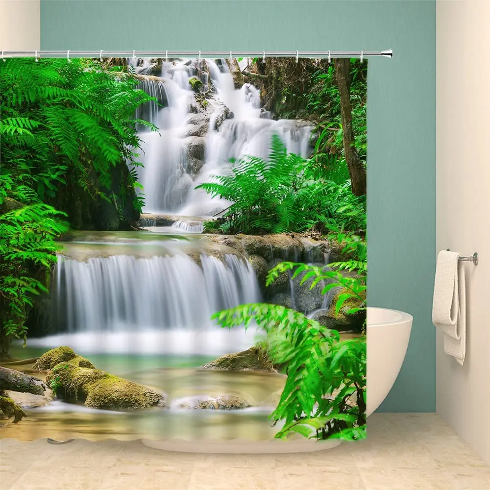 Landscape Waterfall Shower Curtain Tropical Jungle Plant Water