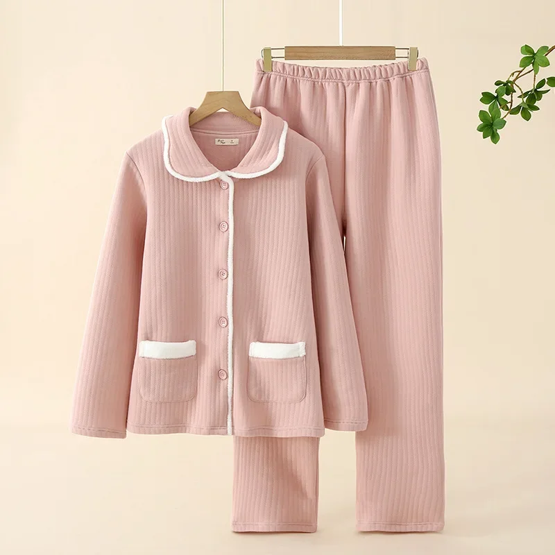 

2023 Spring And Autumn Women's Pink Pajama Set 100% Cotton Jacquard Long Sleeve Pants Two Piece Home Furnishing Pajama Set