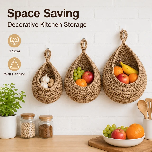 Teardrop Woven Hanging Fruit Basket Wall Mounted Rope Storage Bag Garlic Onion Holder Vegetable Organizer Boho Kitchen Decor 1