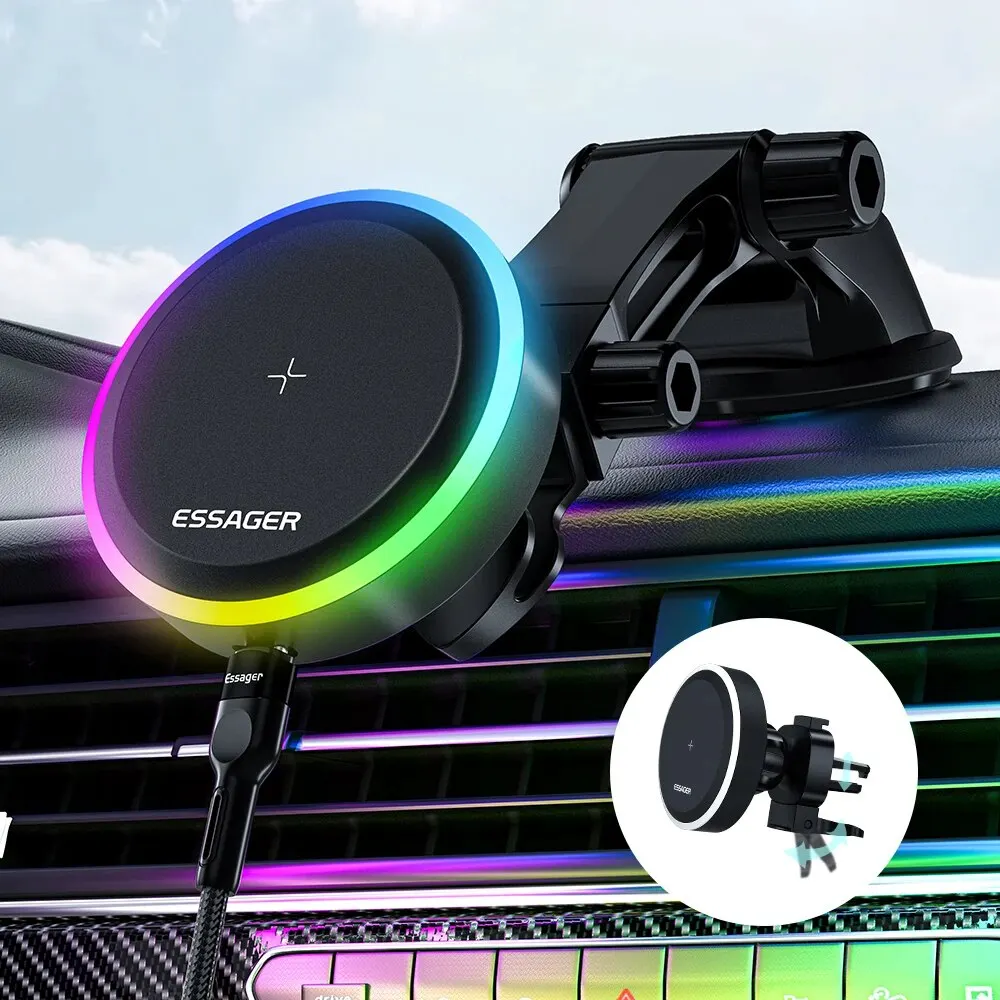 Phone holder Essager RGB Magnetic Car Phone Holder Qi 15W Wireless Charger Car for iPhone 14 13 Pro Max Samsung