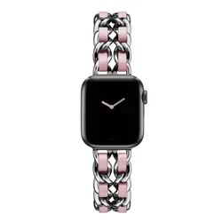 Elegant Women's Gold Metal and Leather Wristband Bracelet - 49mm (Silver pink)