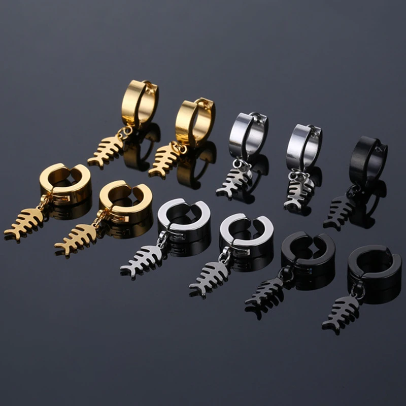 

Cute Small Fish Stainless Steel Piercing Hoop Earrings for Women Men Clip Ear Jewelry Pendientes Mujer
