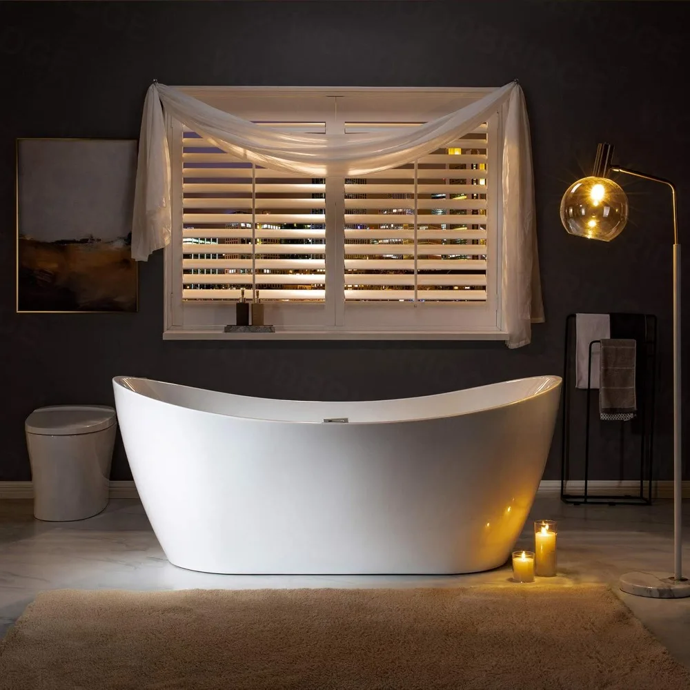 71" Acrylic Freestanding Bathtub with Brushed Nickel Overflow and Drain，Bottom with Stainless Steel Bracket Makes，Bathtub 2