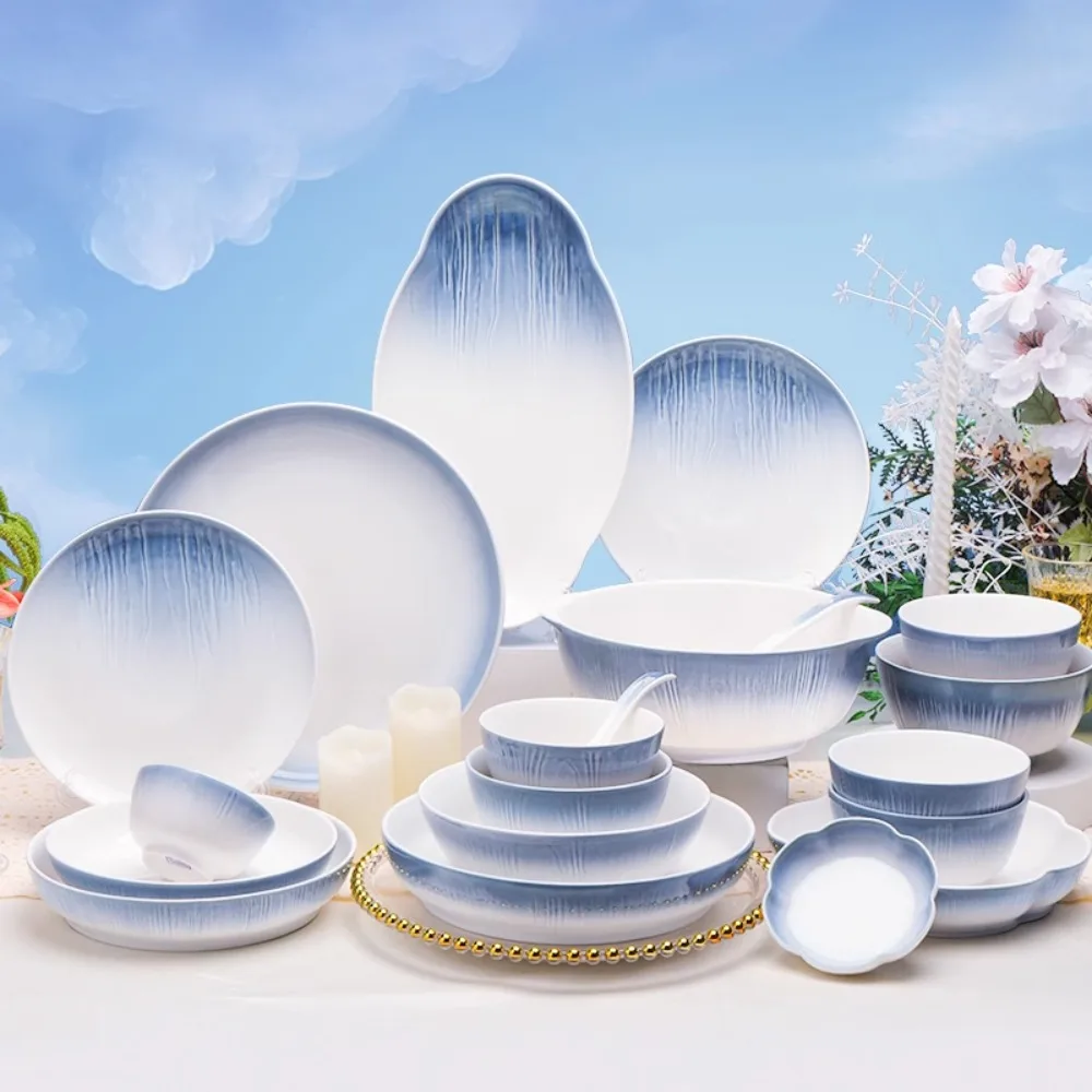 Handmade Ceramic Dinnerware Sets-Reactive Glaze Plates Bowls, Dishwasher Microwave Safe, Blue Relievo Design，Durable Dishes Set