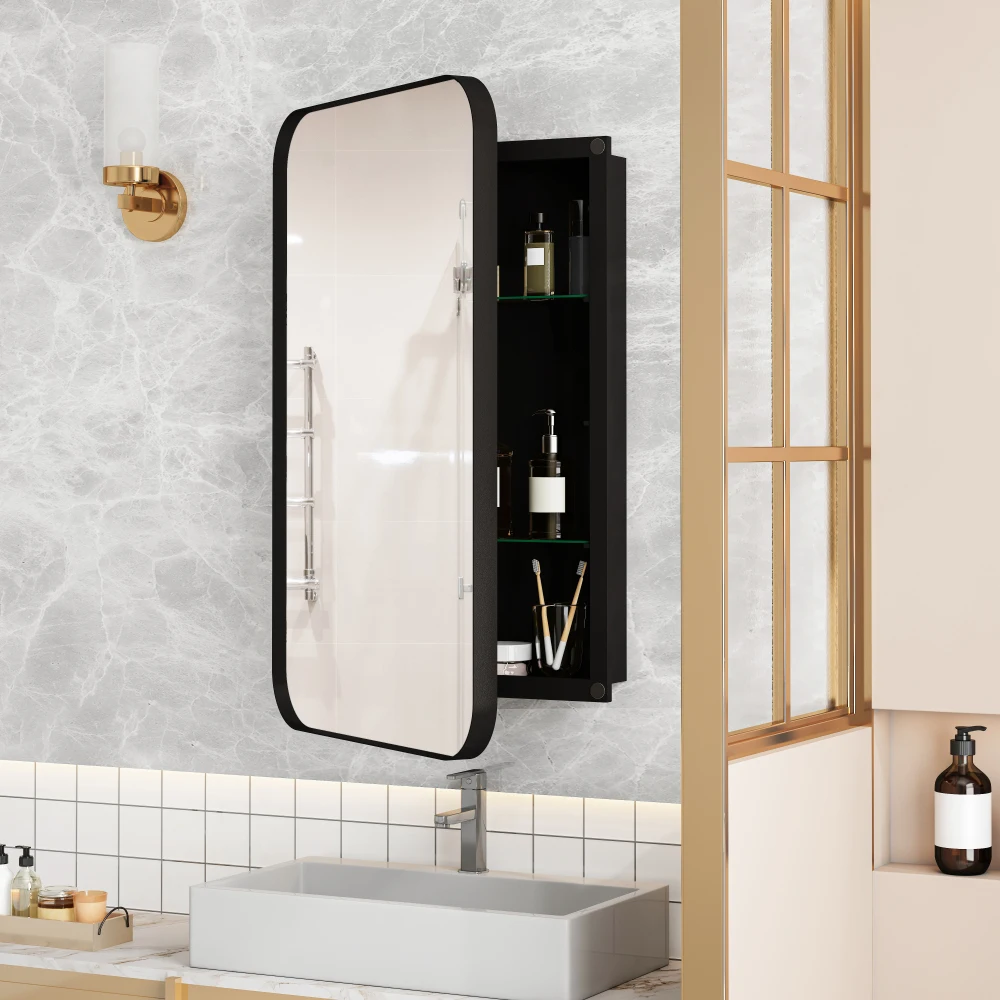 Stilvoller Bogenförmiger Metallrahmen-Spiegelschrank zur Wandmontage mit Verstellbaren Regalen für Badezimmer, Wohnzimmer und Schlafzimmer – Detail 32