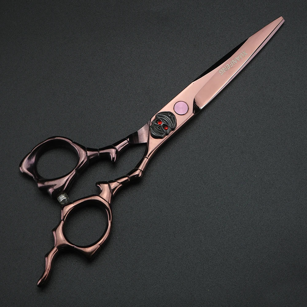 XUANFEWNG 머슬 핸들 샴페인 컬러 헤어 가위, 6인치, 440C 스틸, 골격형 커팅 및 숱가위 세트